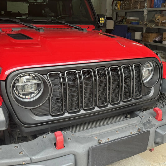 Command the Road: Black Front Mesh Grille for 2018-2024 Jeep Wrangler JL & JT (Rubicon, Sahara, Sport) – With Camera Hole!