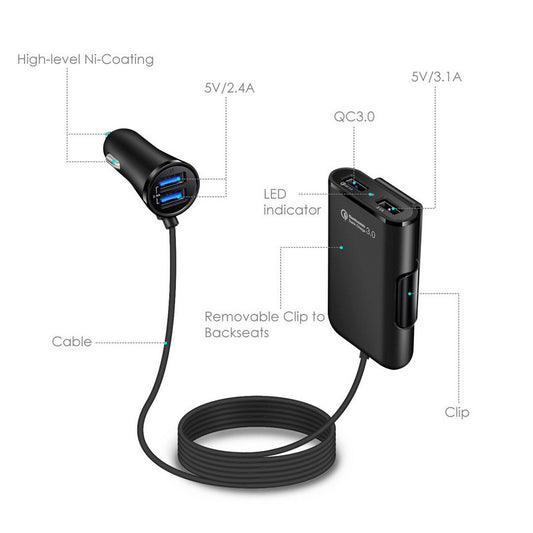 QC3.0 Car Charger 4 Port USB Mobile Phone Charger Car Front And Rear USB Car Charger One Drag 4 Fast Charge