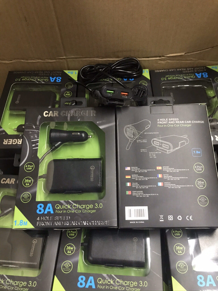 QC3.0 Car Charger 4 Port USB Mobile Phone Charger Car Front And Rear USB Car Charger One Drag 4 Fast Charge
