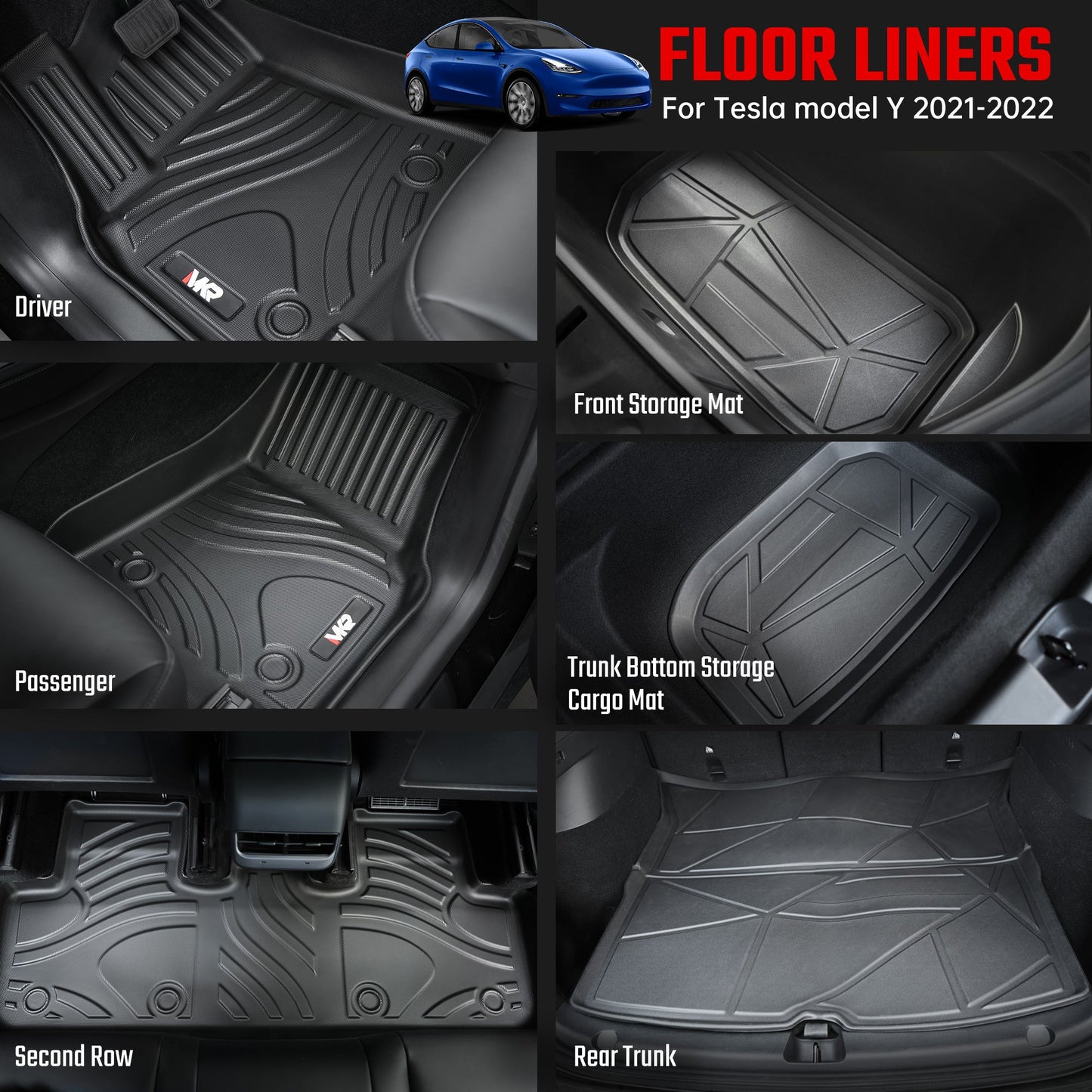 High Quality TPE Floor Mats For Tesla Model Y 2021-2022 Model 3 2023-2025 - Waterproof, Anti-Slip, 6 PCS Set