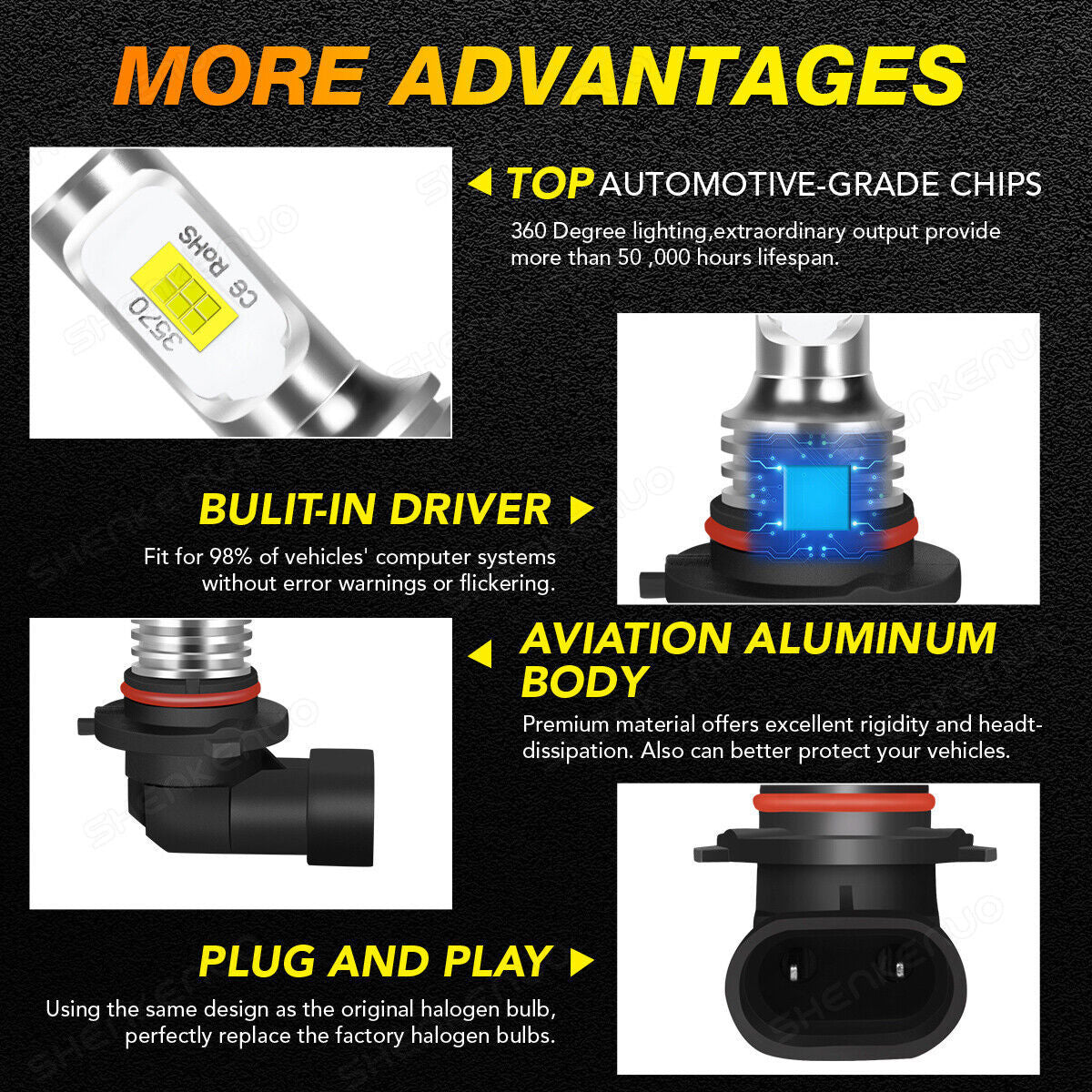 9005 9006 HB3 H10 LED Headlight Bulbs Kit Car Canbus Error Free High-Lo Beam