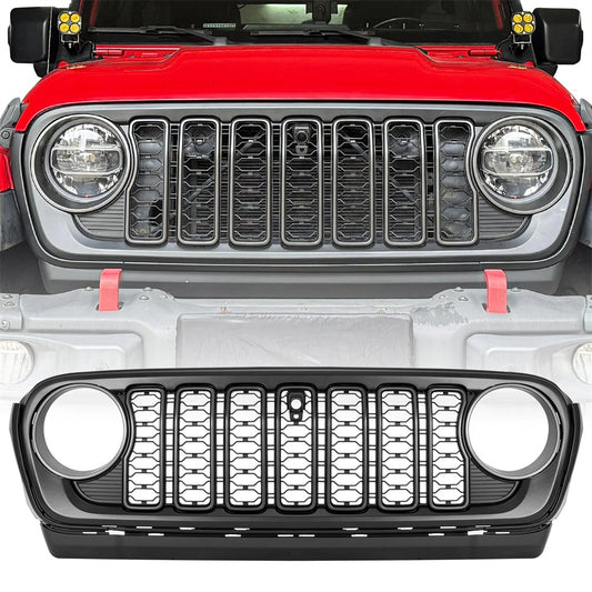 Command the Road: Black Front Mesh Grille for 2018-2024 Jeep Wrangler JL & JT (Rubicon, Sahara, Sport) – With Camera Hole!