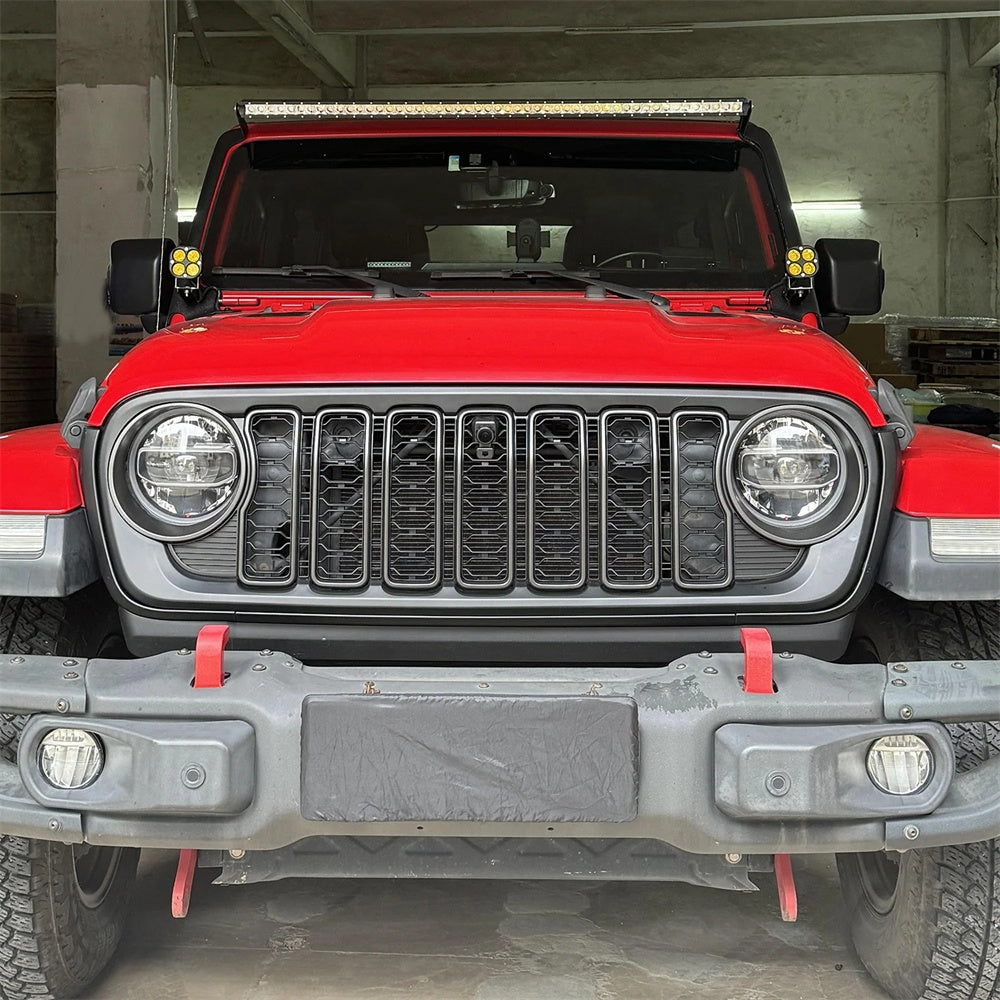Command the Road: Black Front Mesh Grille for 2018-2024 Jeep Wrangler JL & JT (Rubicon, Sahara, Sport) – With Camera Hole!