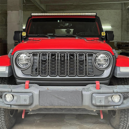 Command the Road: Black Front Mesh Grille for 2018-2024 Jeep Wrangler JL & JT (Rubicon, Sahara, Sport) – With Camera Hole!