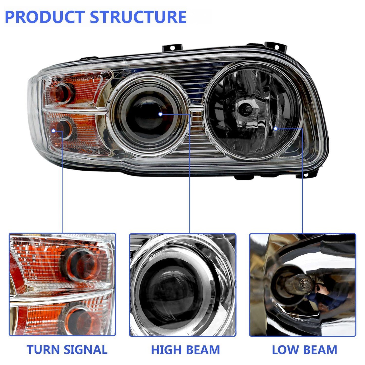 American Peterbilt 388/389 Headlight Assembly Pair (2008-2018) - US Version with Halogen & Integrated LED Light Strip