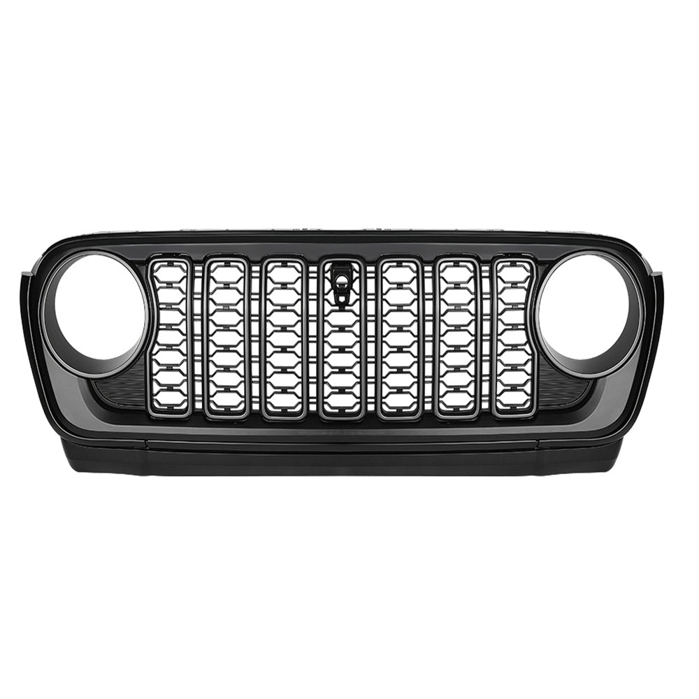 Command the Road: Black Front Mesh Grille for 2018-2024 Jeep Wrangler JL & JT (Rubicon, Sahara, Sport) – With Camera Hole!