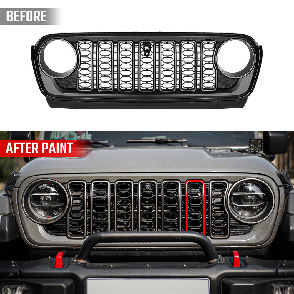 Command the Road: Black Front Mesh Grille for 2018-2024 Jeep Wrangler JL & JT (Rubicon, Sahara, Sport) – With Camera Hole!