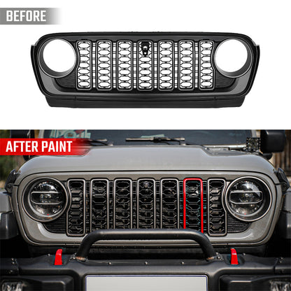 Command the Road: Black Front Mesh Grille for 2018-2024 Jeep Wrangler JL & JT (Rubicon, Sahara, Sport) – With Camera Hole!