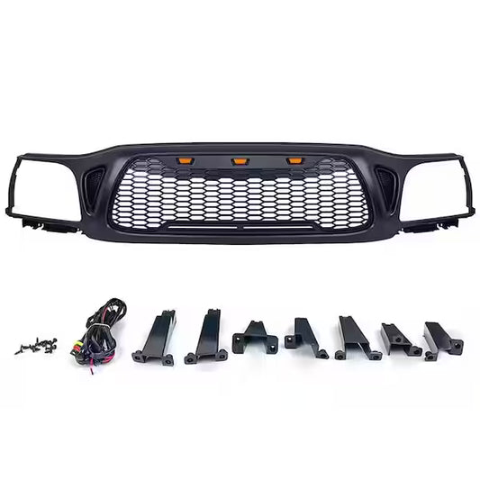 Front Grille Fits For Tacoma 2001 2002 2003 2004 With Amber LED Accent Lights Matte Black